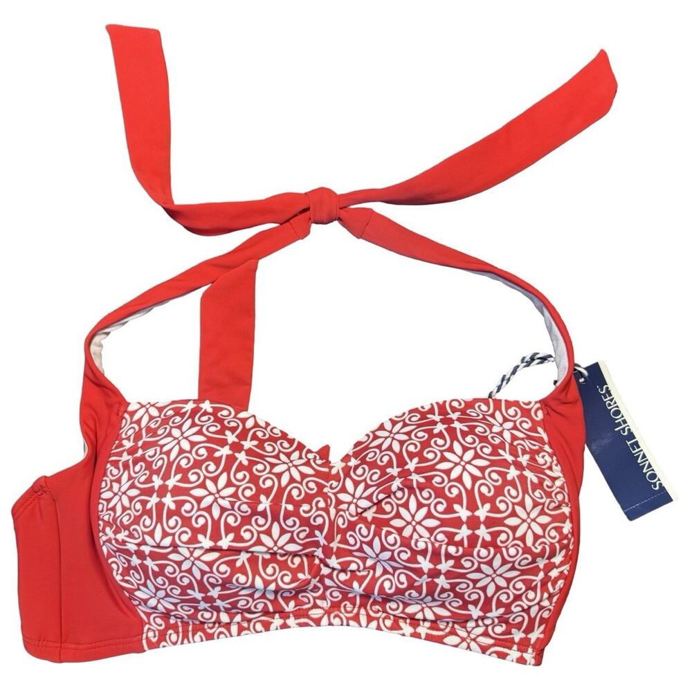 NWT Sonnet Shores Beach Dandy Bikini Top Size 8 Red White Halter Molded Cups